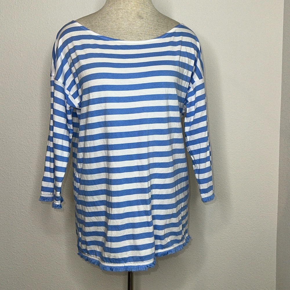 Escales Paris Striped Cotton Nautical Boatneck Fringe Trim Top